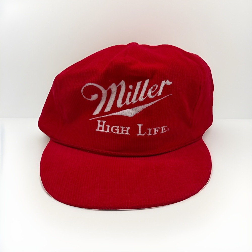 Miller High Life Hat Cap Adjustable Snapback Beer Vintage Red Corduroy 80s 90s